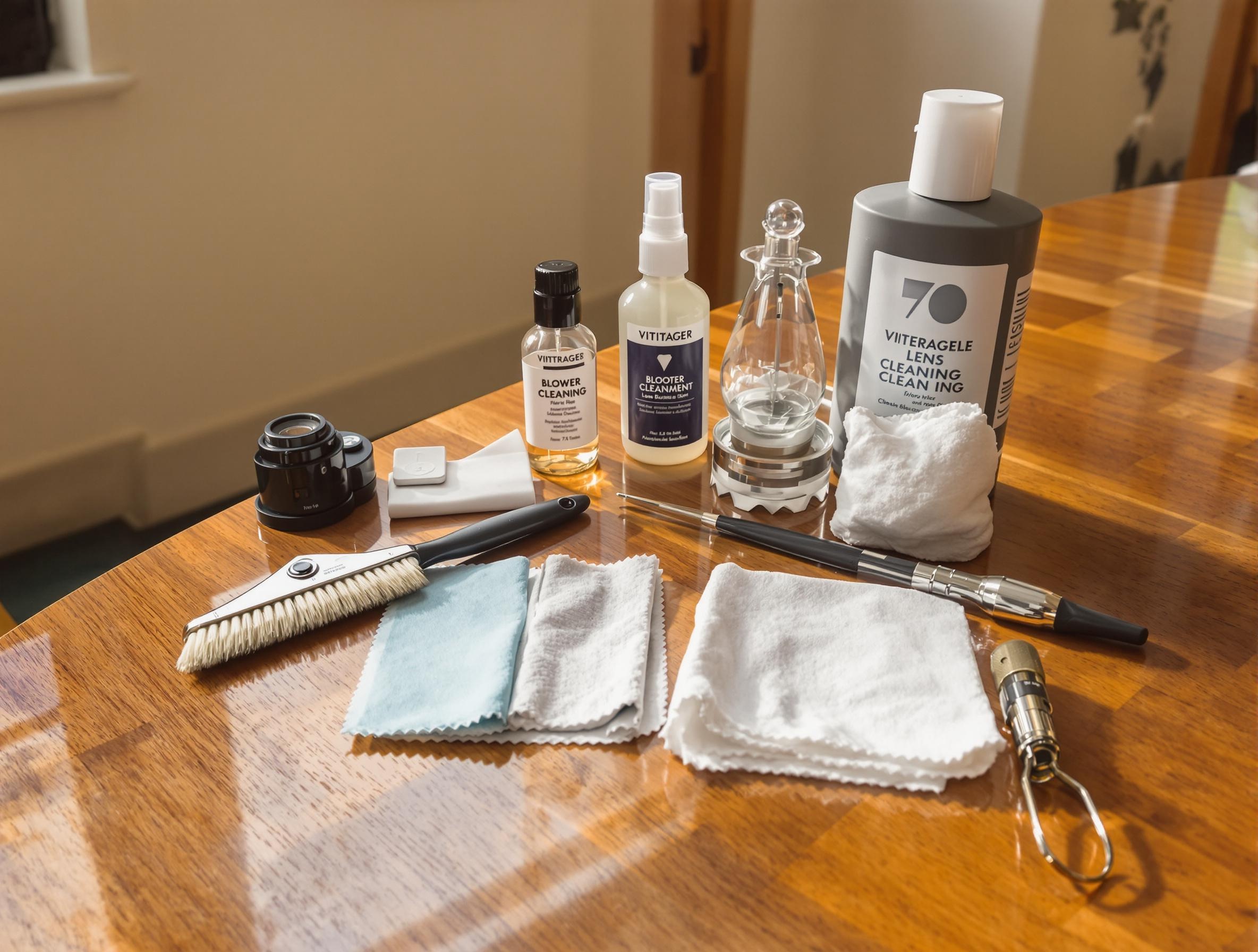 Accessoires de nettoyage pour lentilles vintage disposés sur une table.