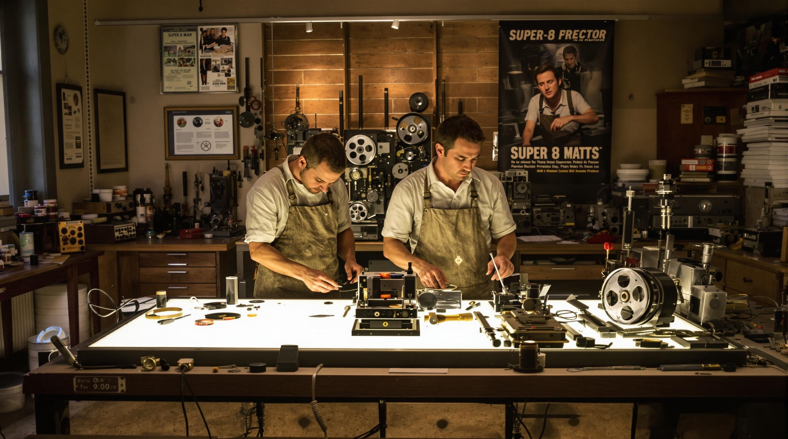 Atelier rétro de réparation pour projecteurs Super 8 avec techniciens concentrés.