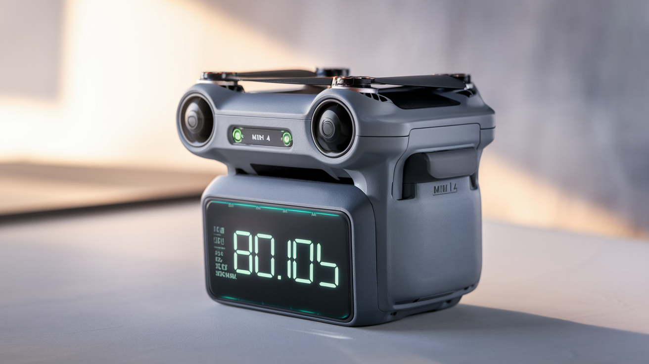 Batterie du drone DJI Mini 4 Pro et affichage autonomie.