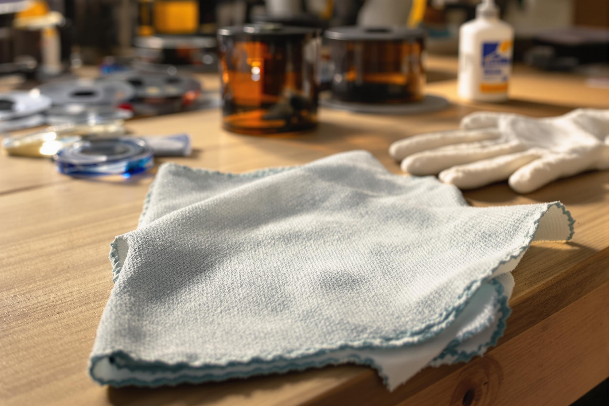 Chiffon microfibre de haute qualité posée sur une table de travail, prêt à être utilisé pour le soin délicat des films Super 8.