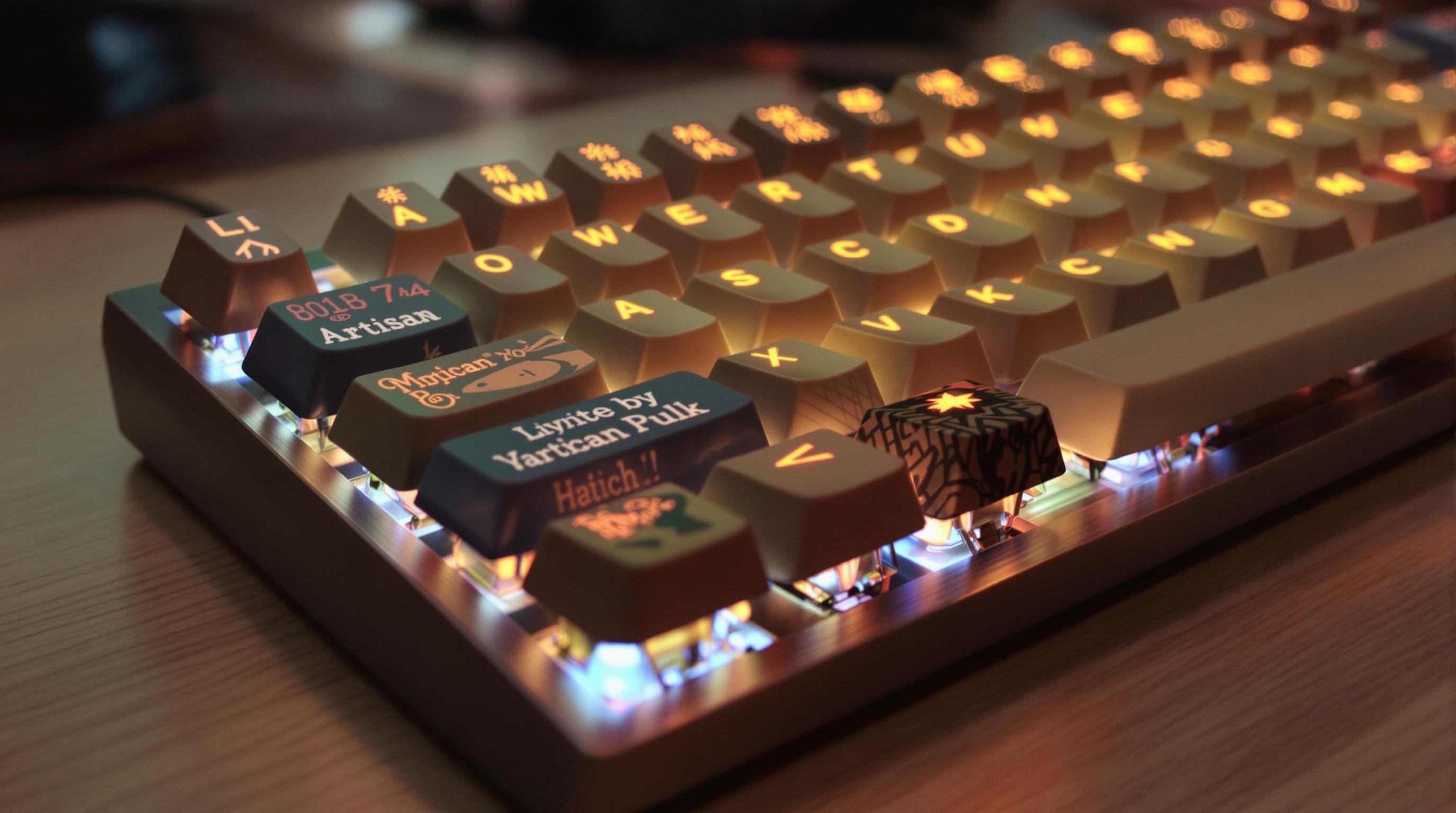 Clavier mécanique avec keycaps artisanaux, éclairé par des LED, combinant esthétique vintage et modernité.