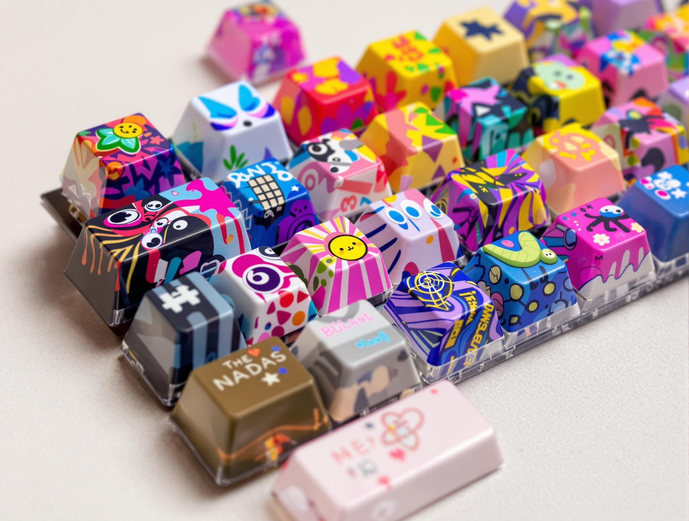 Photographie montrant une variété de keycaps artisanaux aux designs uniques et aux couleurs vibrantes, illustrant la finesse du travail artisanal.