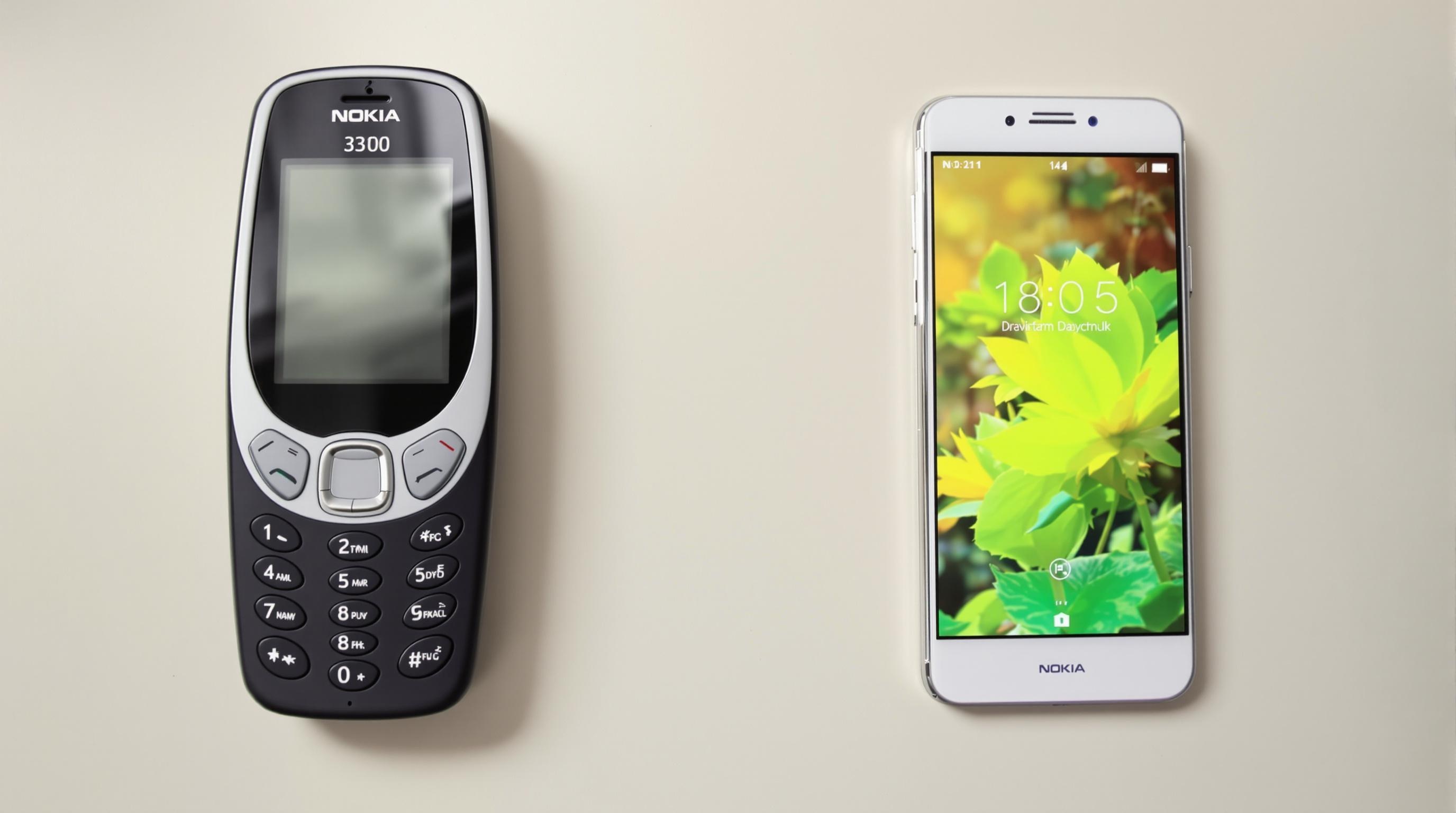 Image comparative mettant en scène un Nokia 3310 à côté d’un smartphone dernier cri, illustrant la simplicité face à la complexité.
