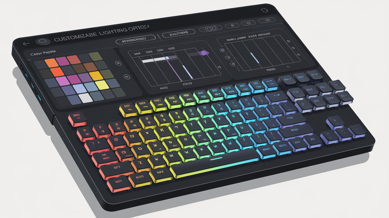 Illustration détaillée d'un écran de configuration de clavier mécanique montrant des options d'éclairage personnalisables.
