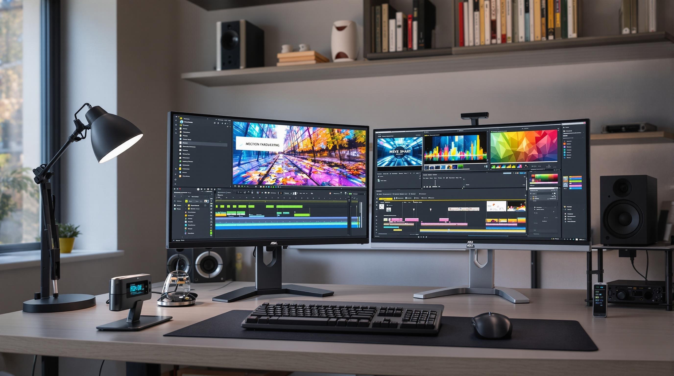 Dell UltraSharp et ASUS ProArt dans un environnement professionnel de montage 4K.