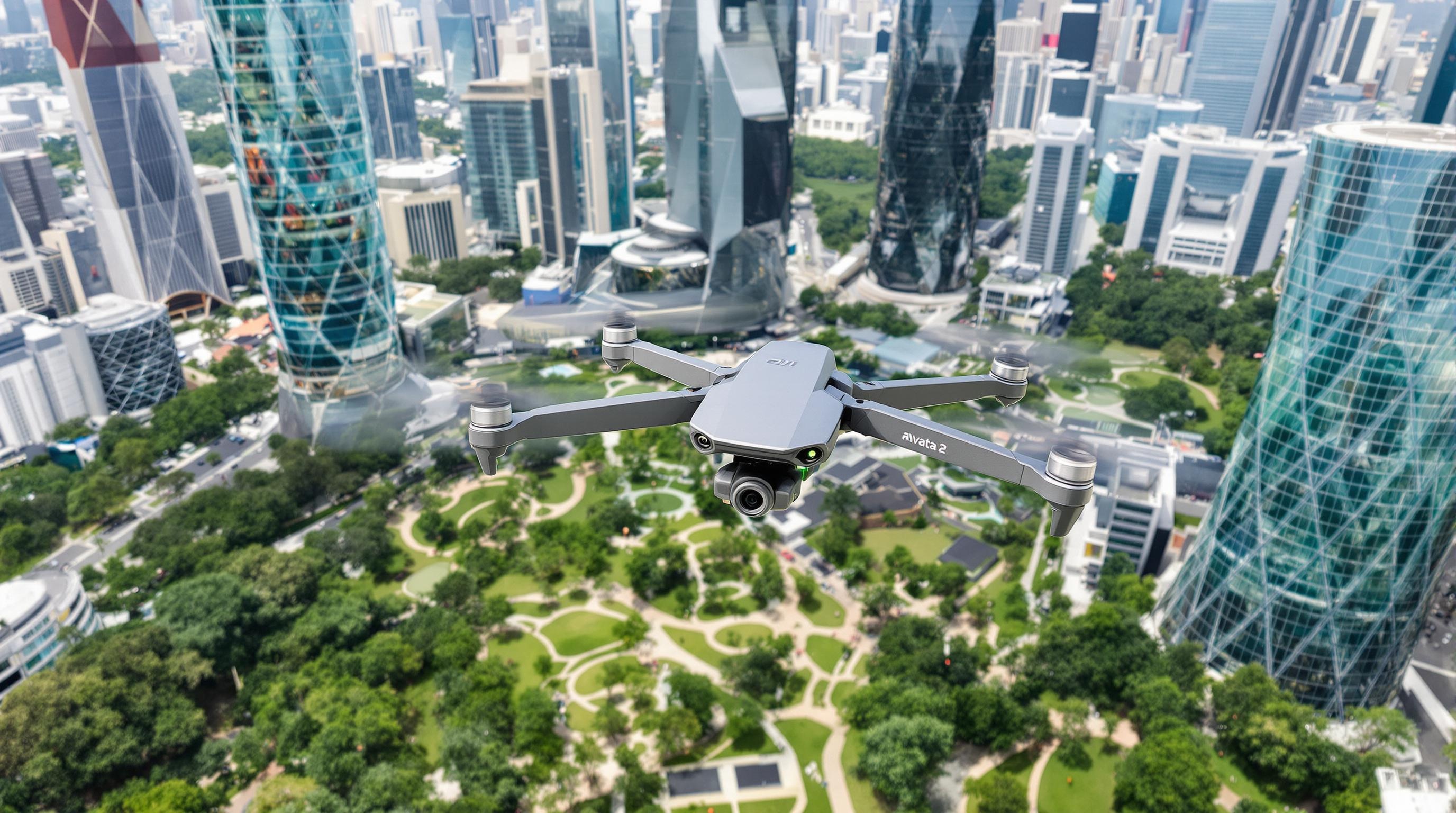 DJI Avata 2 en vol au-dessus d’une ville