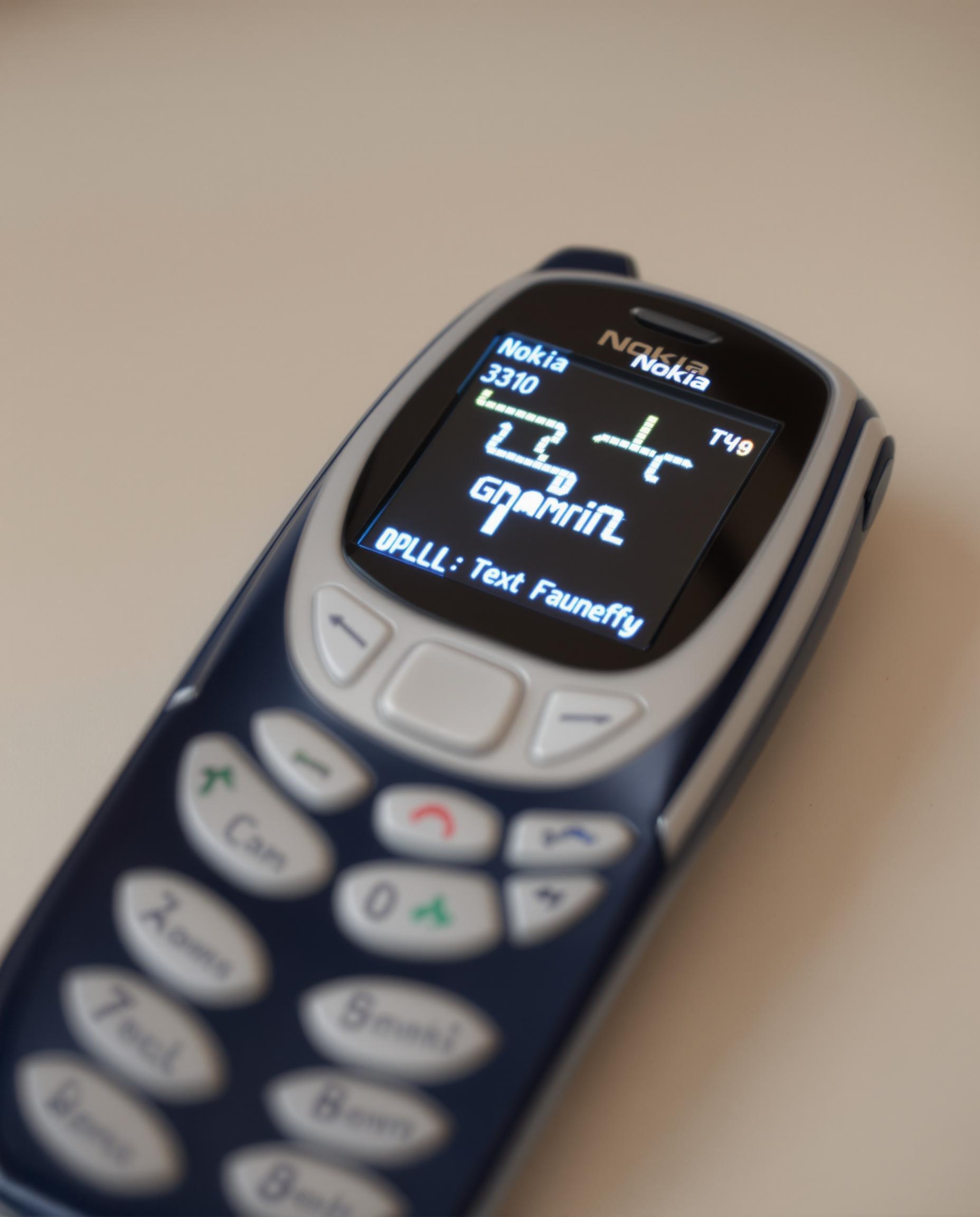 Écran du Nokia 3310 mettant en avant l'interface utilisateur avec Snake et T9, symbolisant la simplicité et la robustesse.