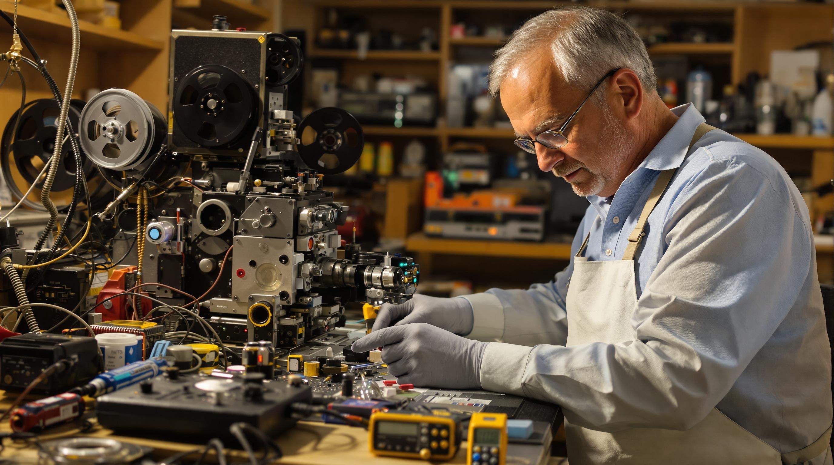 Un expert restaurateur manipulant un projecteur Super 8 avec des outils modernes