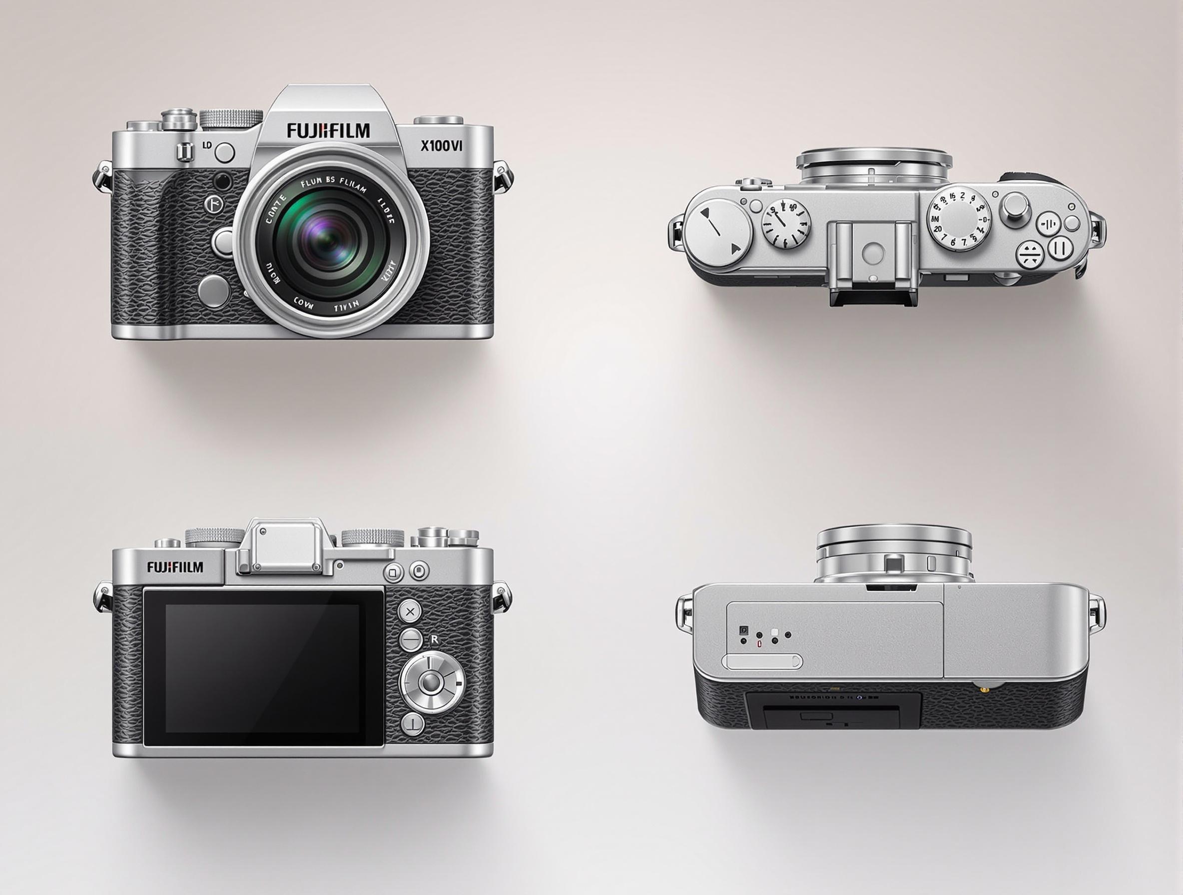 Boîtier Fujifilm X100VI vu sous plusieurs angles, mettant en valeur ses finitions rétro.