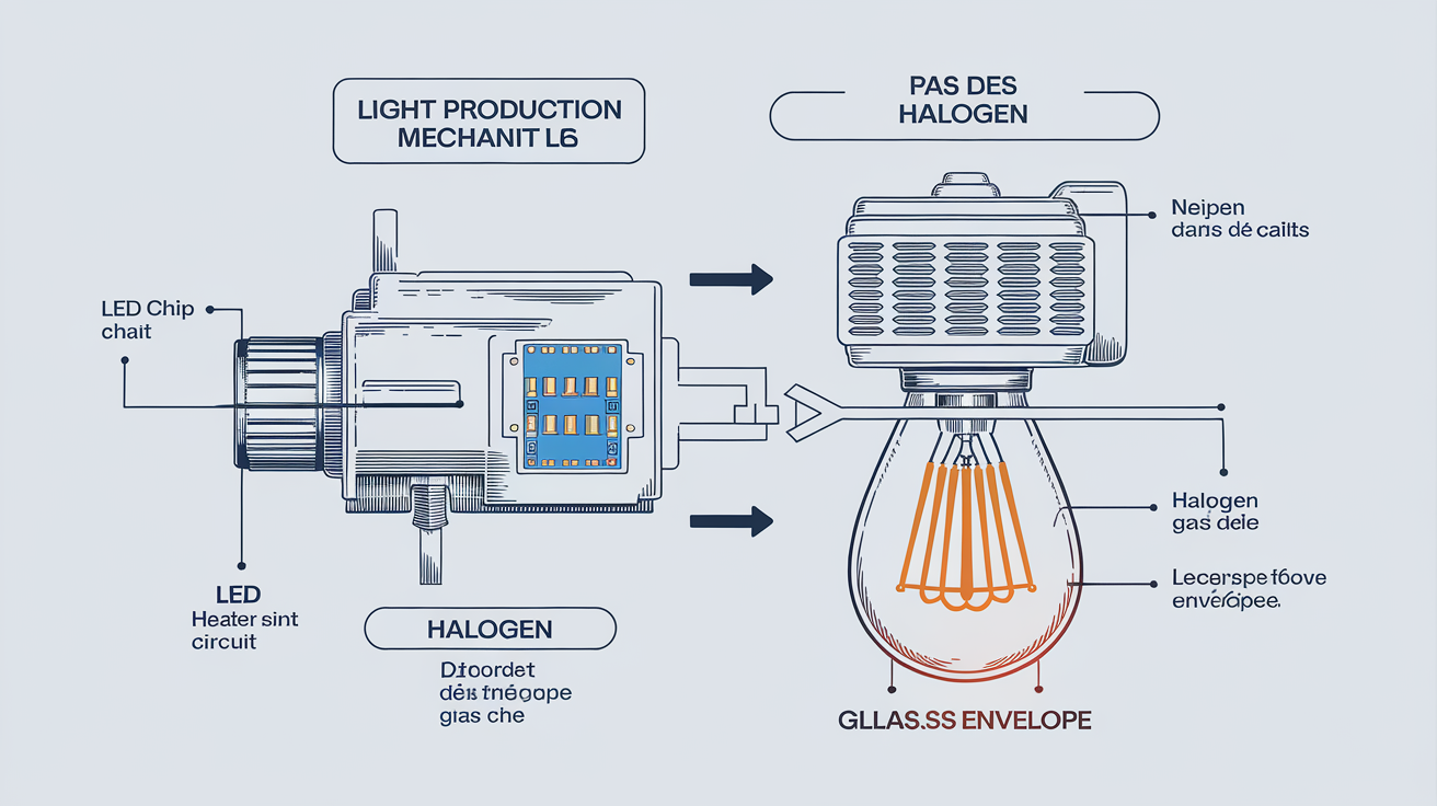 Schéma explicatif du fonctionnement des LED et des halogènes