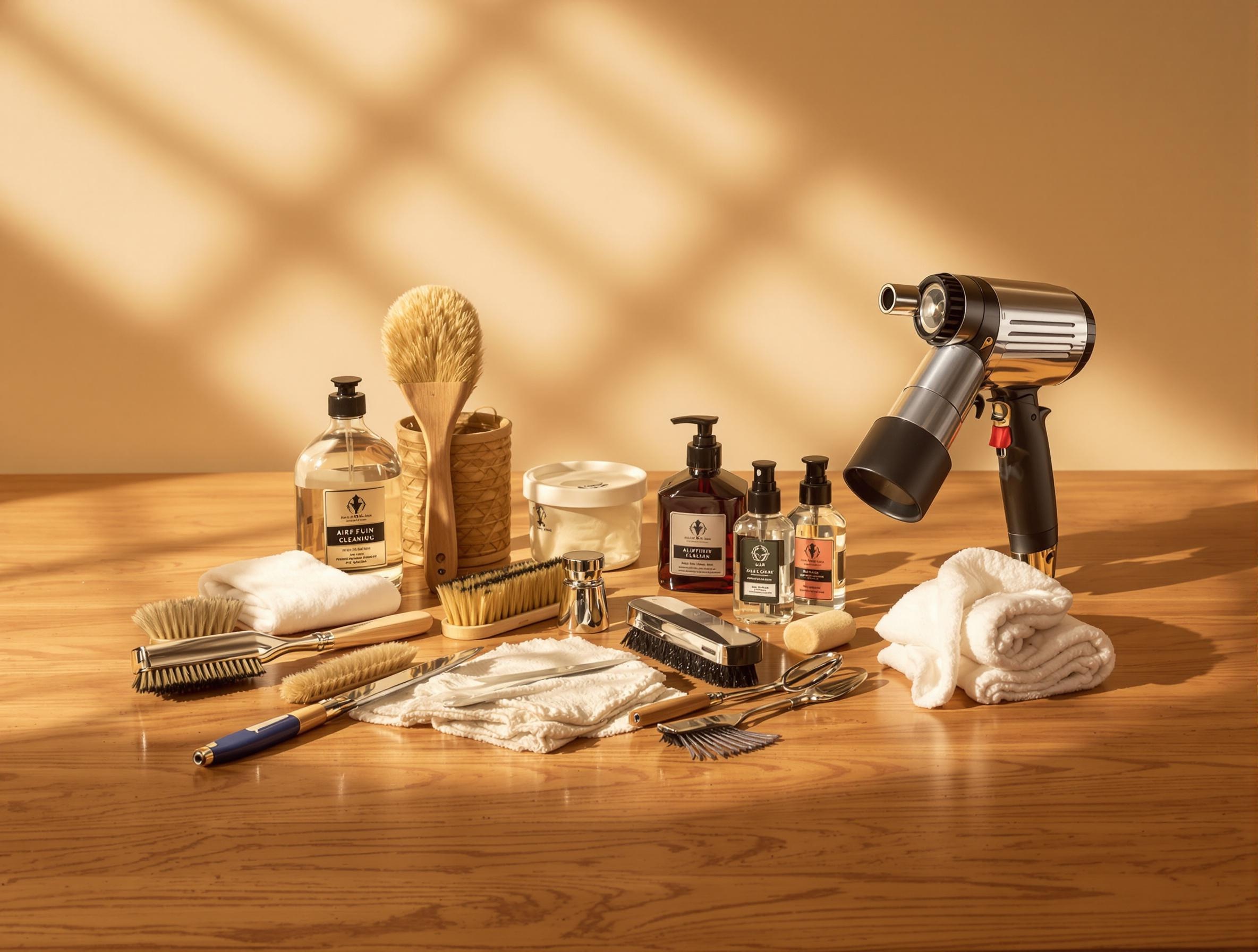 Kit de nettoyage vintage posé sur une table en bois