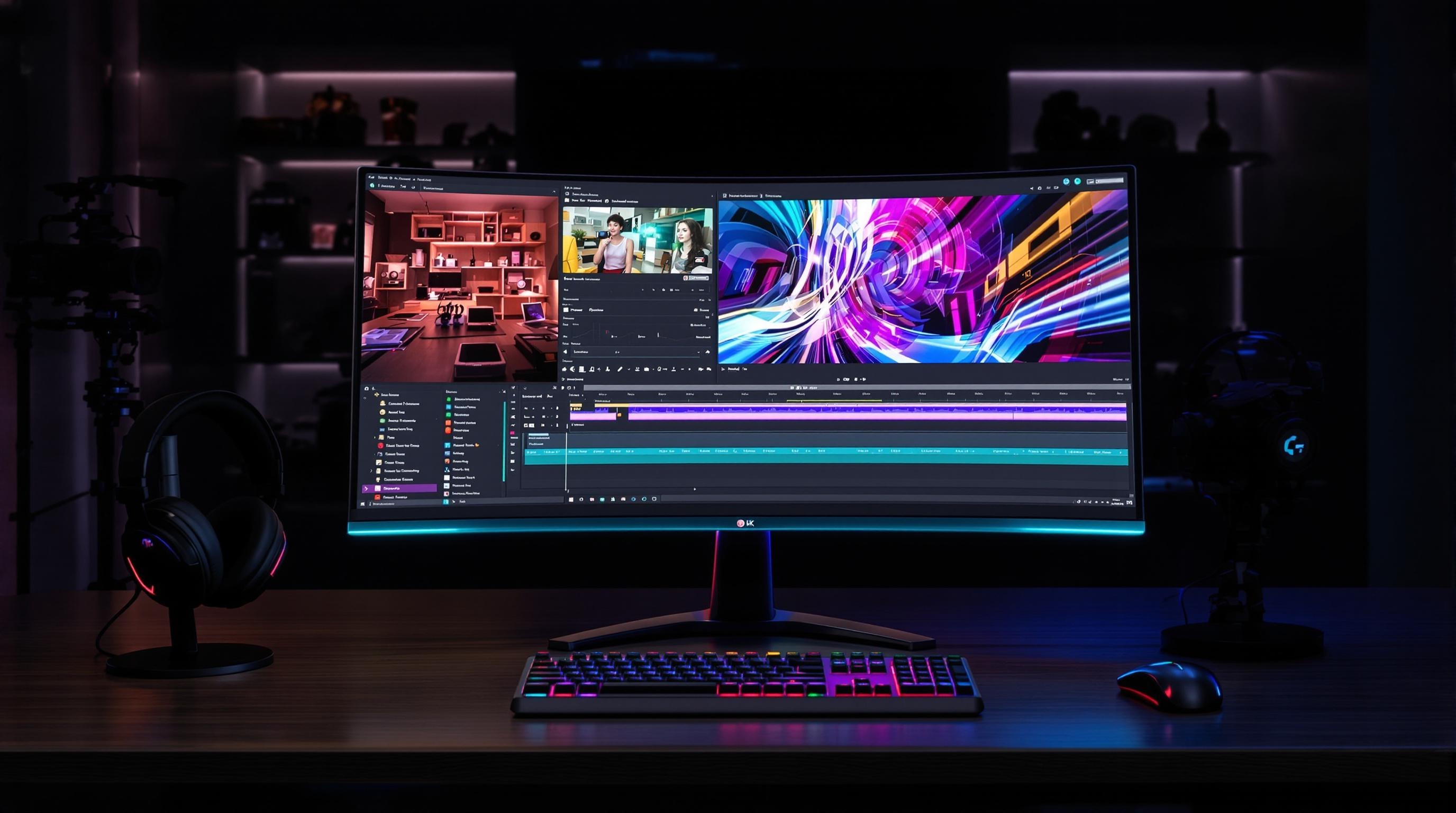 LG UltraGear 27GR93U-B dans un setup de montage vidéo, illustrant sa qualité d'affichage.