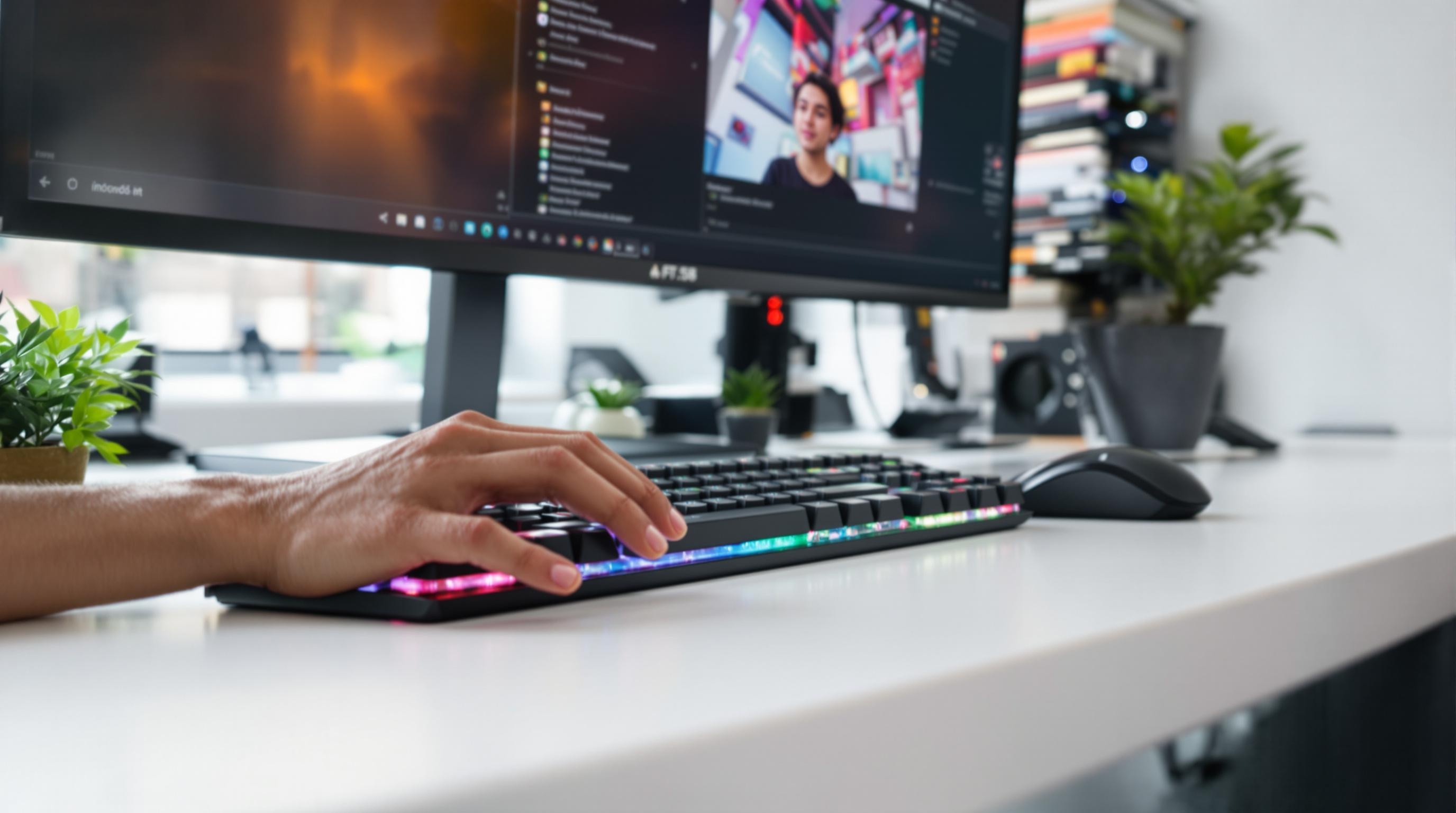 Photo d'un clavier Keychron au design épuré, présenté dans un setup créatif haute technologie.