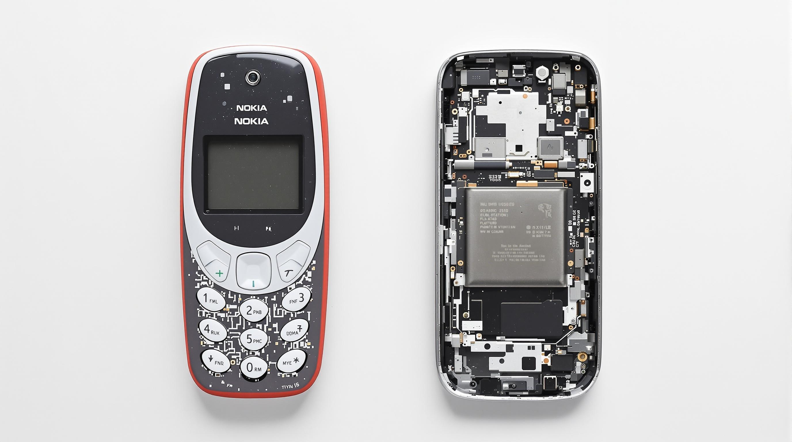 Comparaison interne entre le Nokia 3310 et un smartphone moderne.