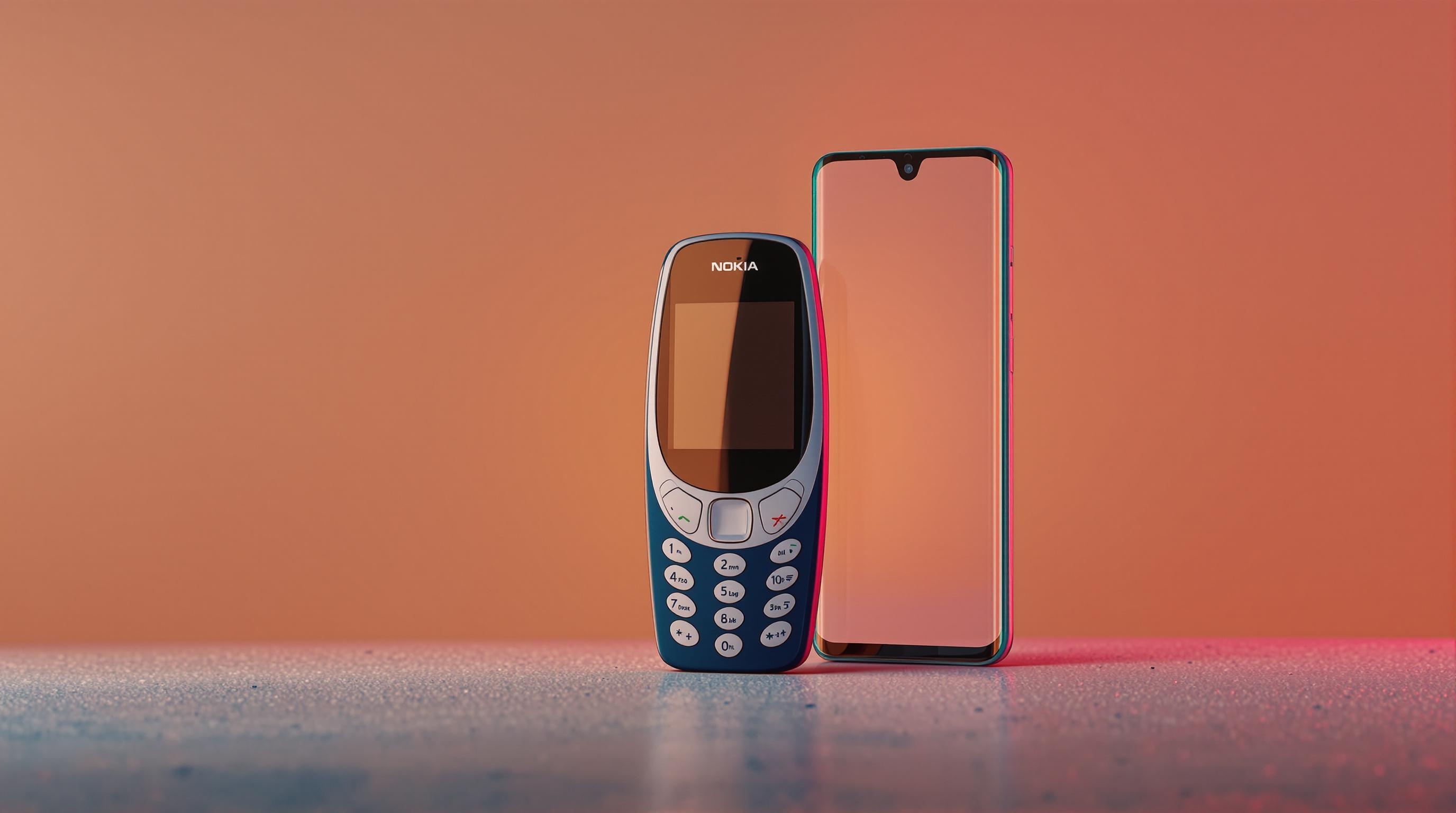 Comparaison du design rétro du Nokia avec un smartphone moderne.