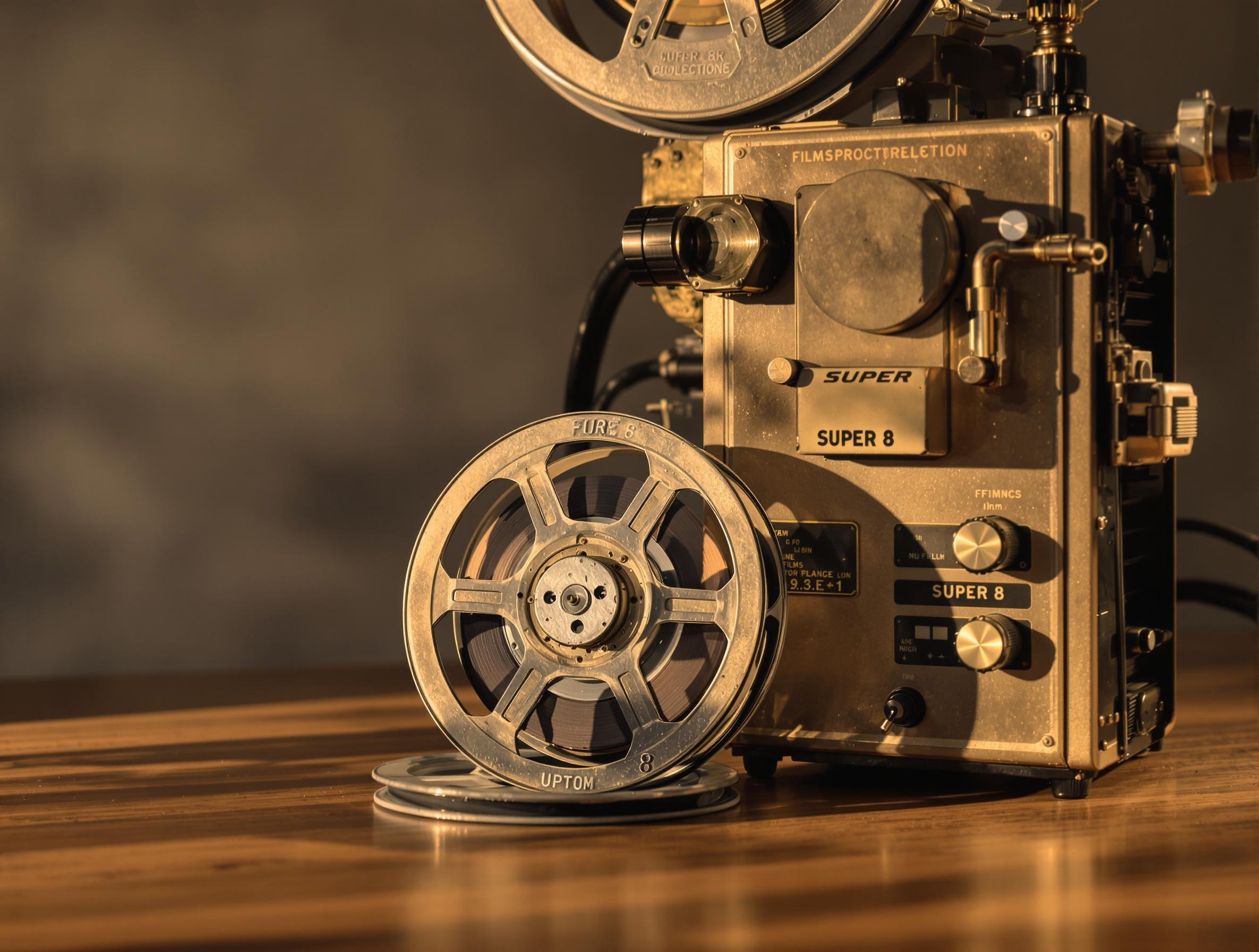 Portrait de bobines Super 8 anciennes posées à côté d’un projecteur.