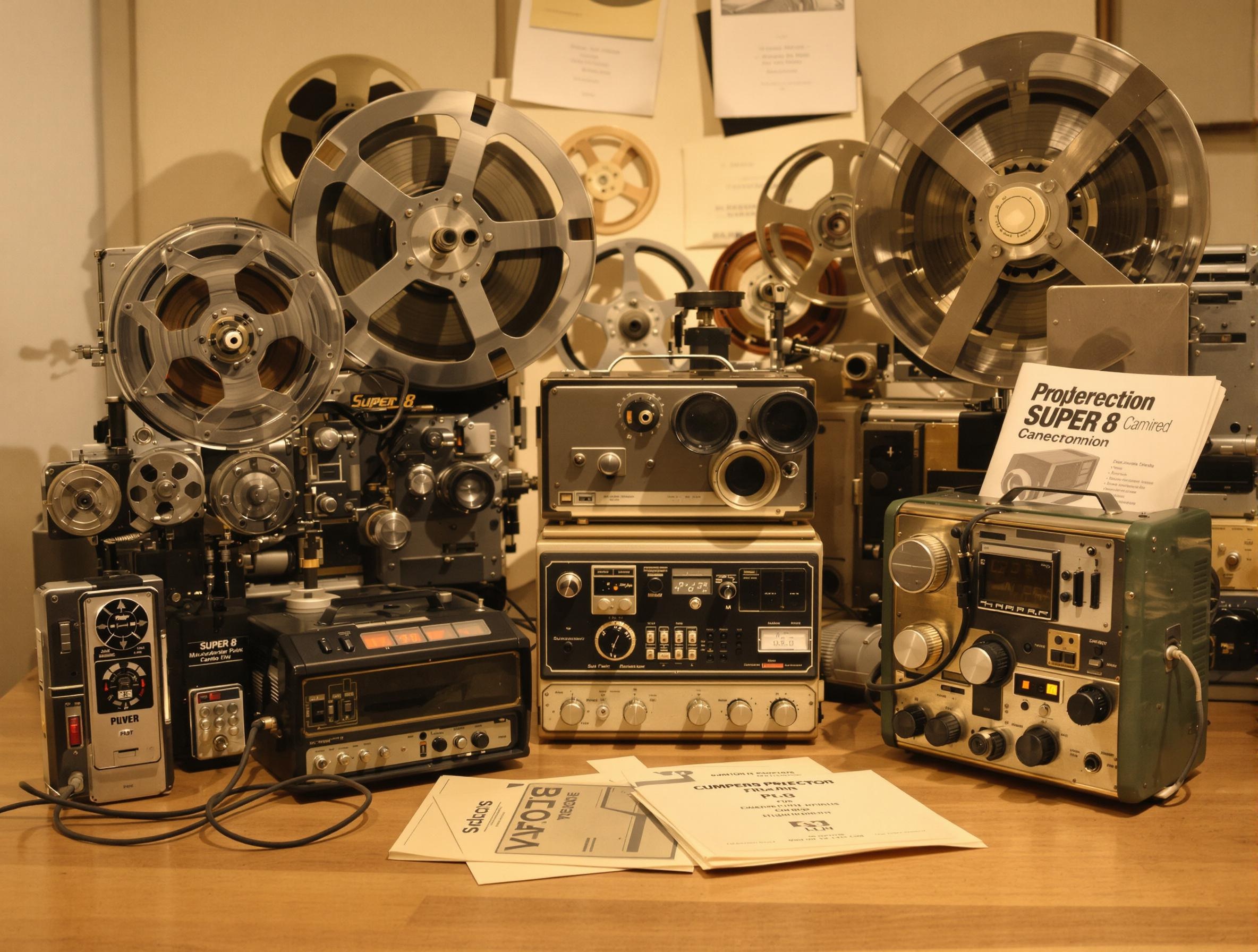 Photo d’archive montrant les premiers modèles de projecteurs et caméscopes Super 8.