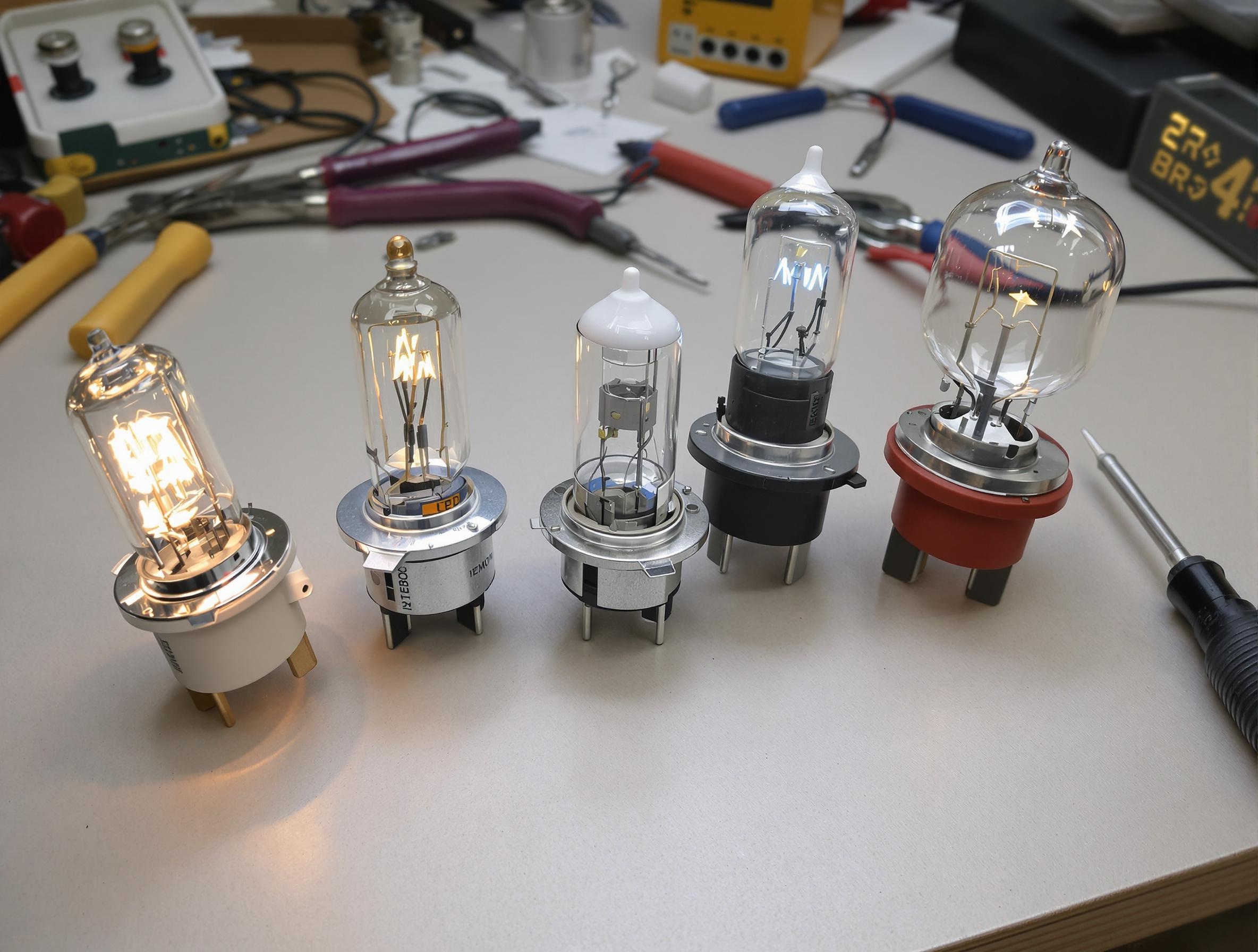 Divers types de lampes pour projecteurs 16mm en cours d'installation.