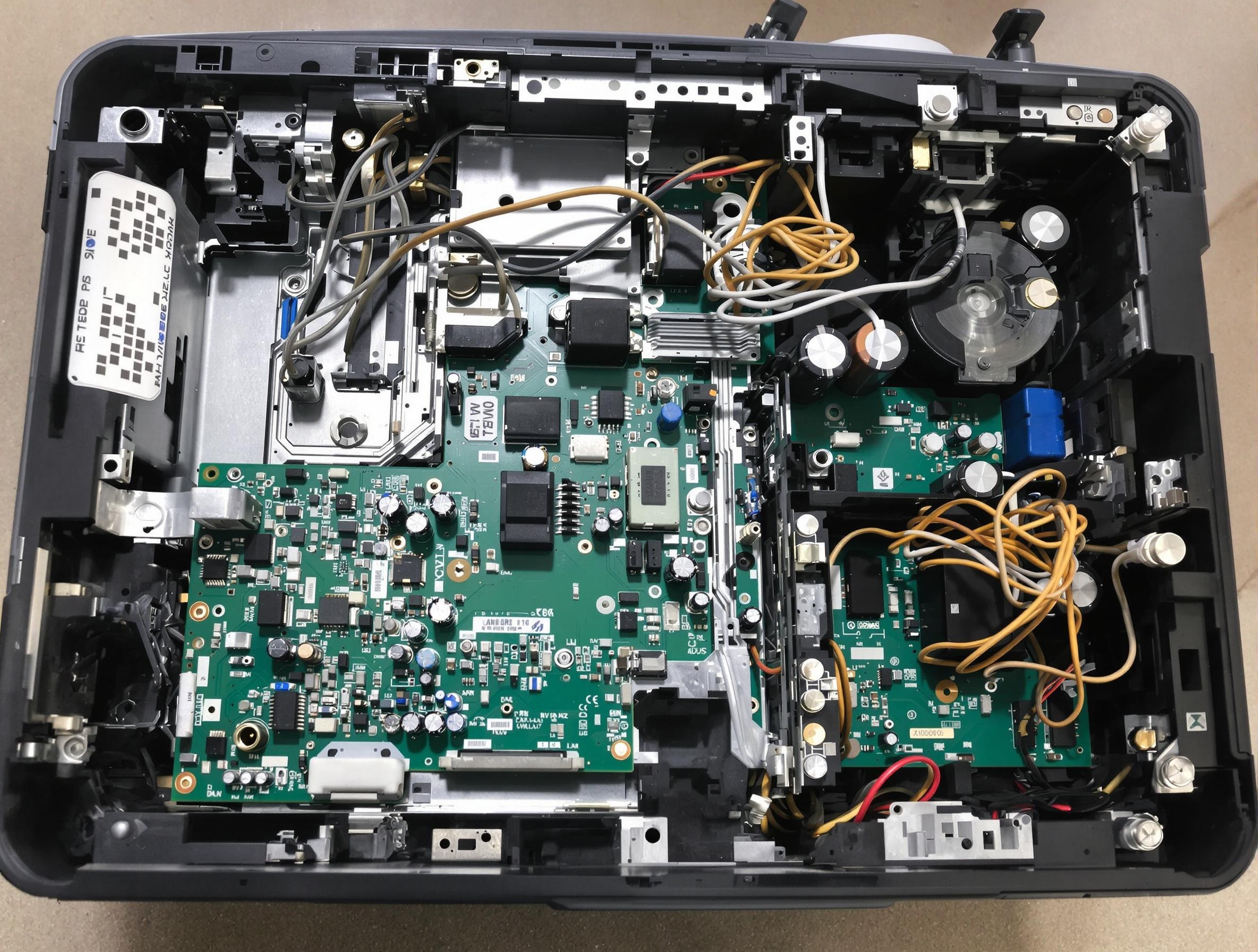 Détail des circuits internes d’un projecteur Super 8 après un nettoyage minutieux, avec un éclairage qui fait ressortir chaque composant