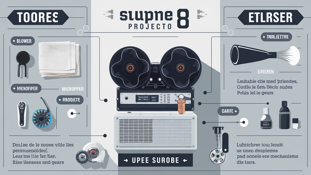 Routine de nettoyage sur un projecteur Super 8 avec outils adaptés.
