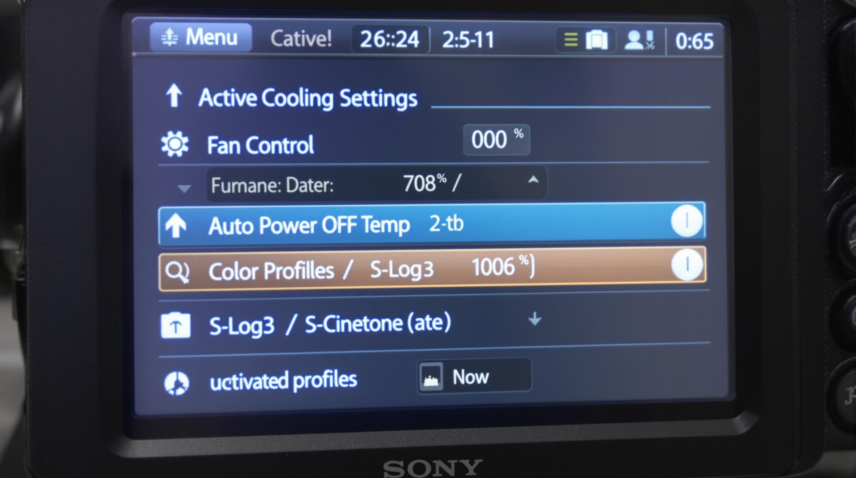 Capture d'écran du menu des réglages de refroidissement actif sur le Sony FX3.