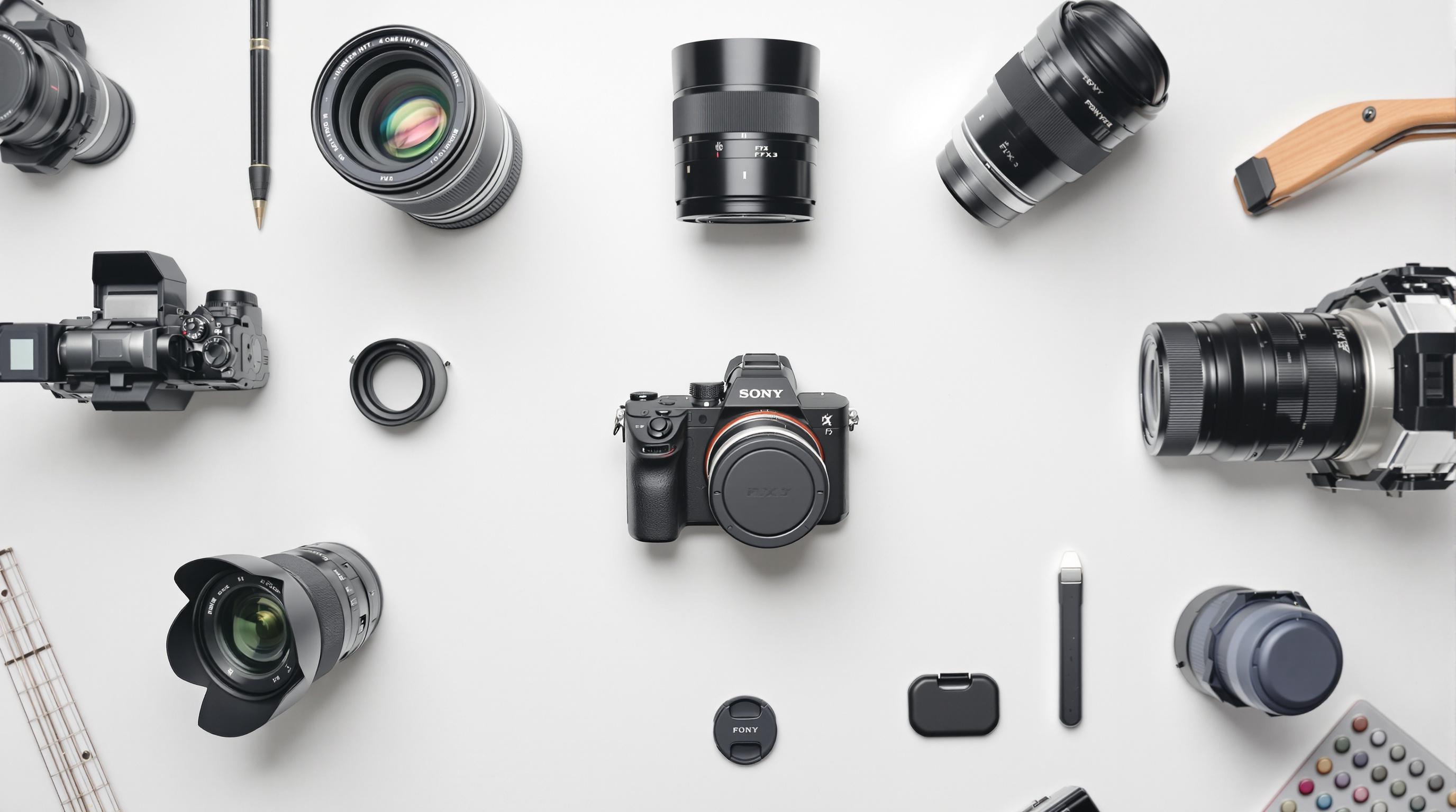 Divers objectifs et accessoires placés autour d'un Sony FX3.