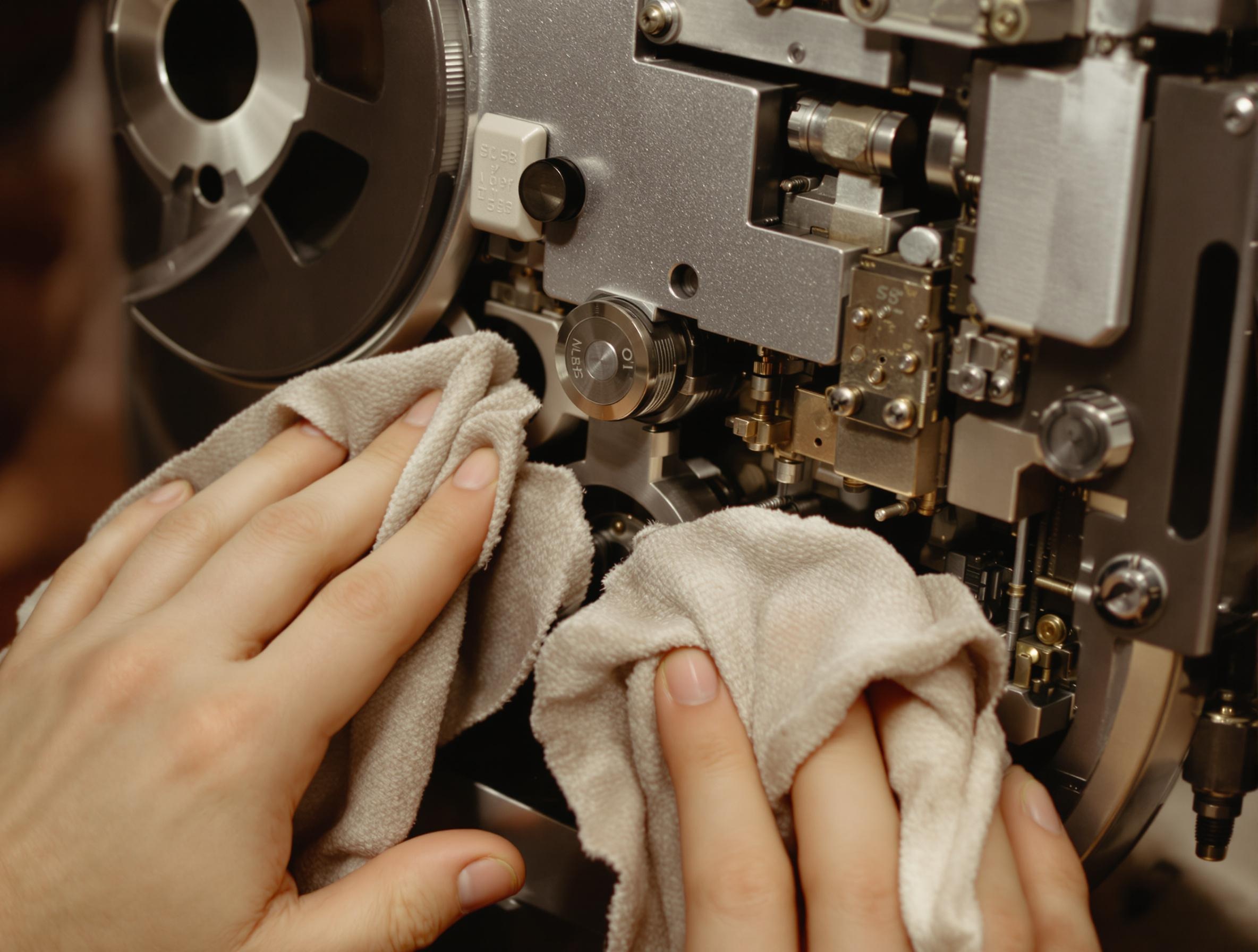 Nettoyage d'un projecteur Super 8 avec chiffons en microfibres.