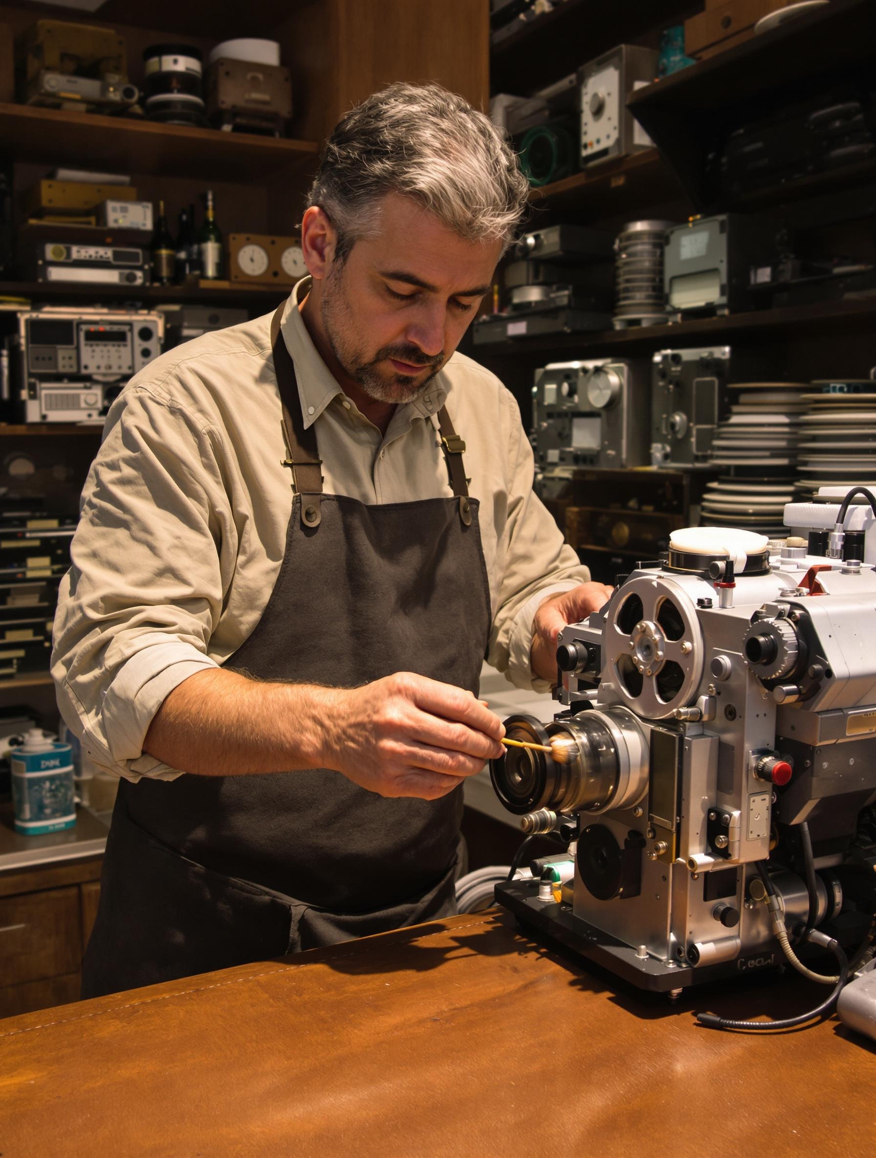 Un technicien nettoyant méticuleusement un projecteur Super 8 dans un atelier vintage