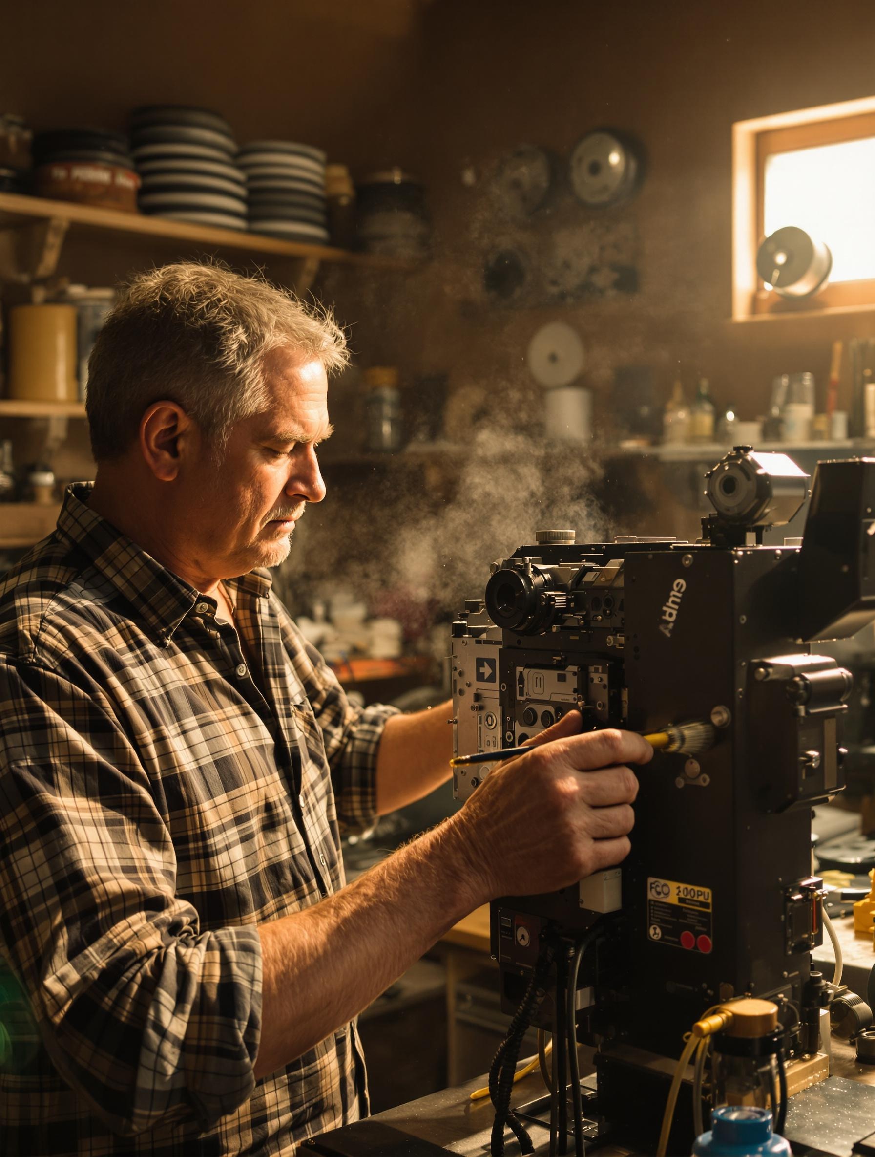 Technicien passionné en train de restaurer un projecteur Super 8, mettant en avant le soin apporté aux détails techniques et l'ambiance rétro du cinéma argentique