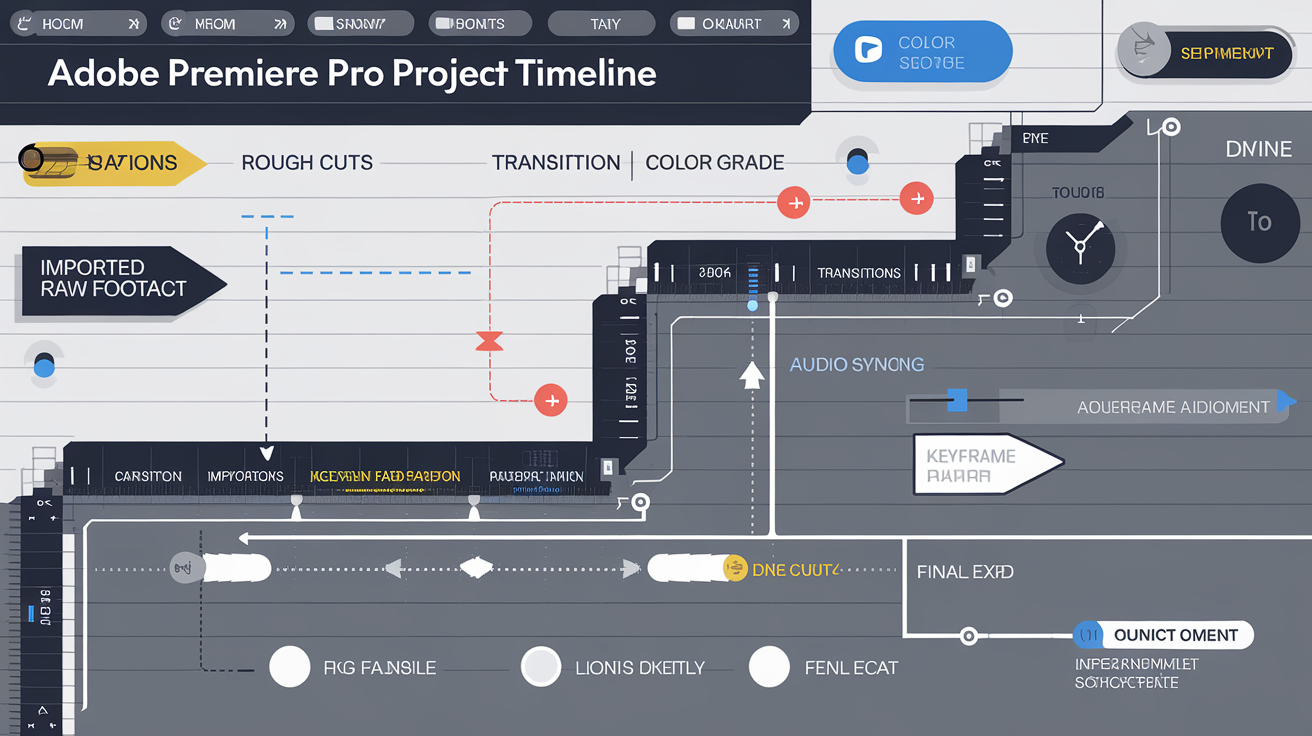 Timeline d'un projet Adobe Premiere Pro avec annotations sur les transitions et coupes précises.