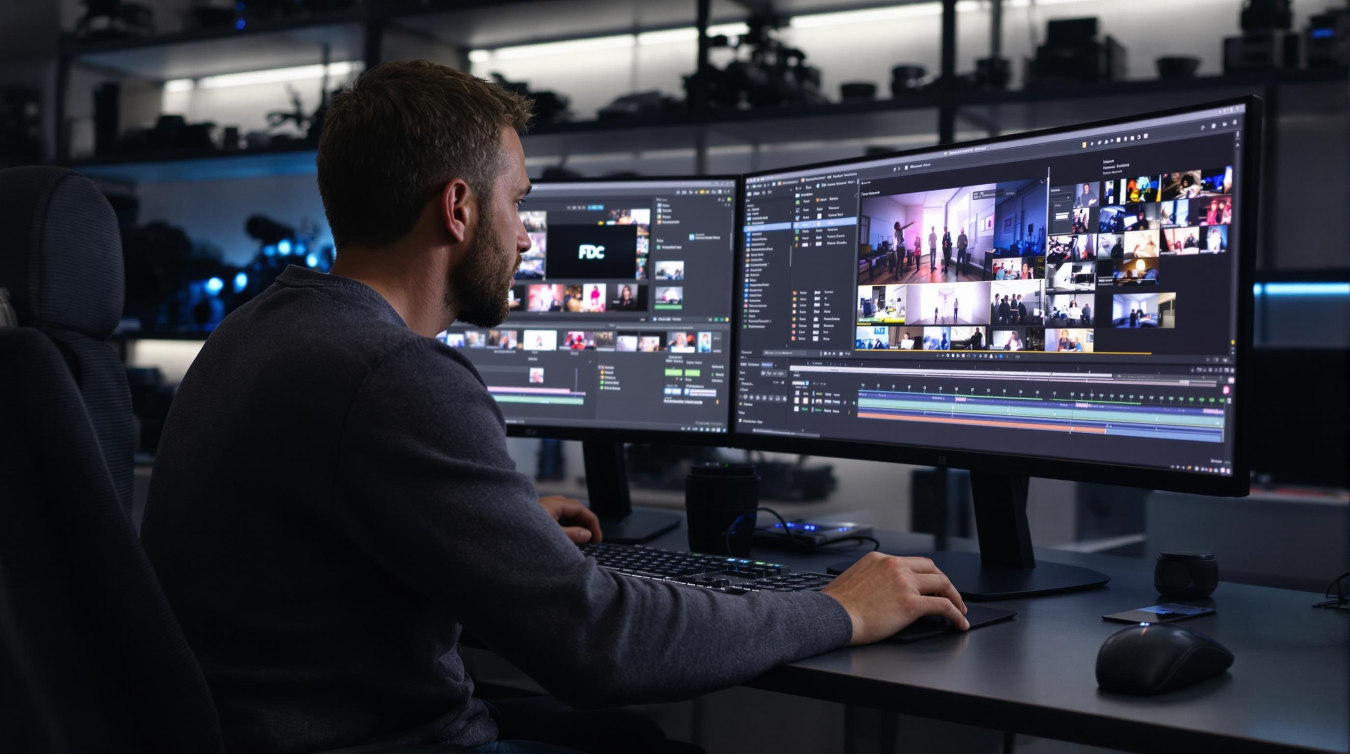 Vidéaste professionnel concentré sur son montage dans Adobe Premiere Pro, illustrant l'engagement technique.